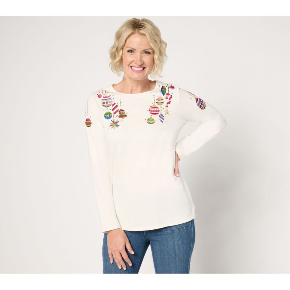 Quacker Factory Women's Top Sz M All Decked Out Long-Sleeve Sequin White